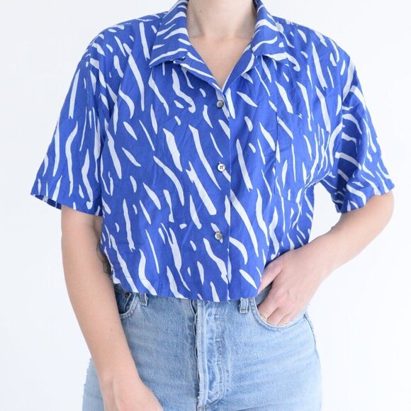 Double Rainbouu Blue And White Stripe 100% Cotton Crop Top Button Up Shirt L - Picture 2 of 10